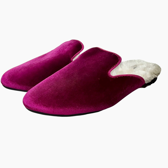 Birdies Shoes - Birdies Phoebe Velvet Faux Fur Slide Wild Berry Mules Slip On Womens size 7.5